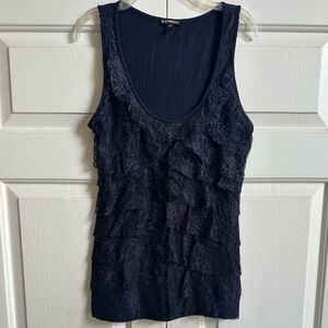 Express Navy Blue Tank with Lace Ruffles, Silver Threading for Shimmer, Size S